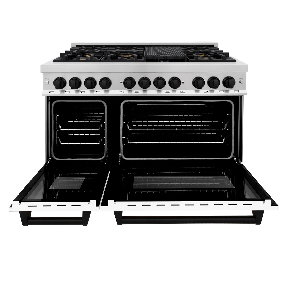 ZLINE Autograph Edition 48 in. 6.0 cu. ft. Legacy Dual Fuel Range with 7 Burner Gas Cooktop and 2 Electric Ovens in Stainless Steel with White Matte Doors and Matte Black Accents (RAZ-WM-48-MB)
