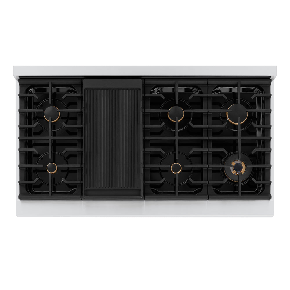 ZLINE Autograph Edition 48 in. 6.7 cu. ft. Paramount Double Oven Dual Fuel Range with 8 Burner Gas Cooktop in Stainless Steel and Polished Nickel Helix Handles and Knob Accents (SDRZ-48-KPN)