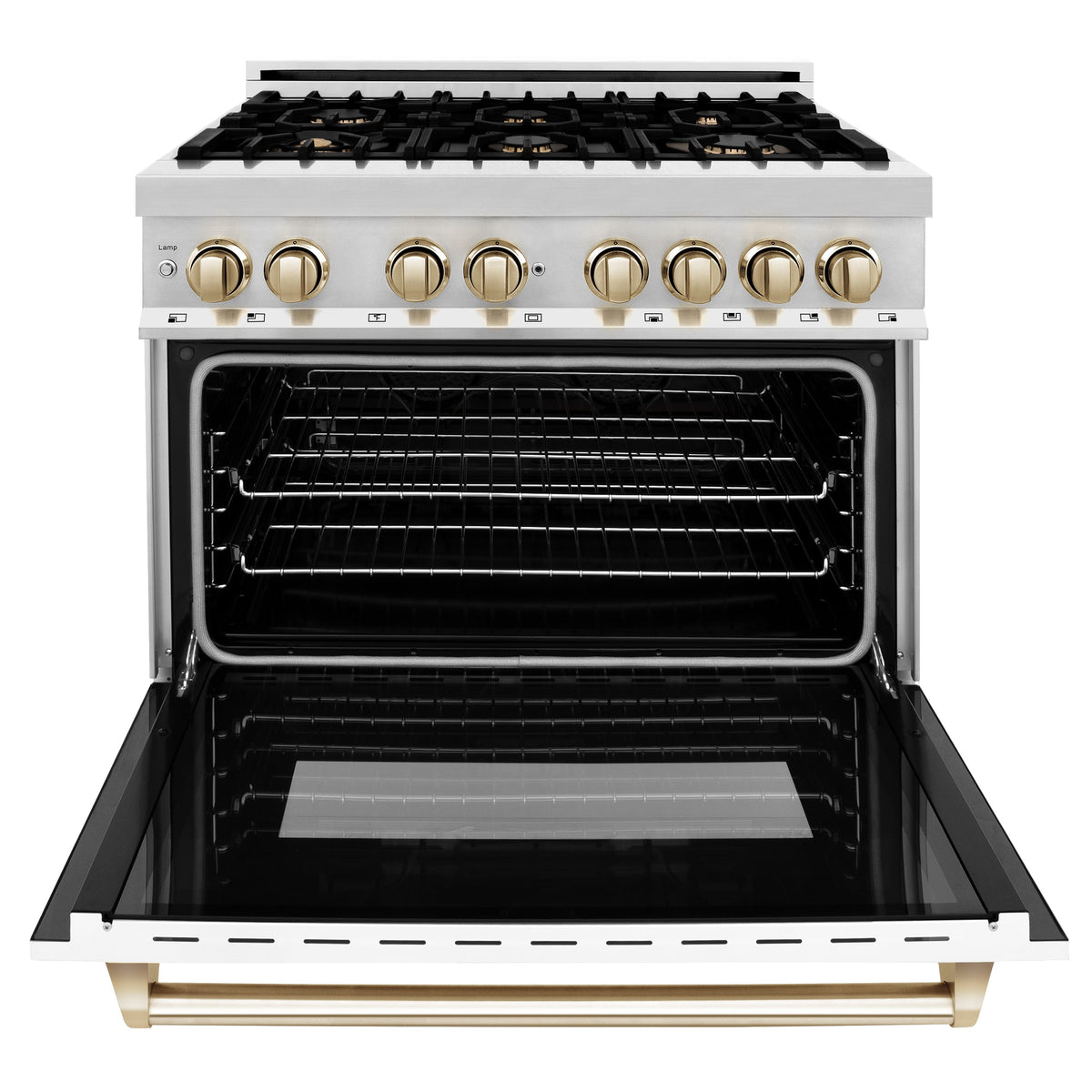 ZLINE Autograph Edition 36 in. 4.6 cu. ft. Legacy Dual Fuel Range with 6 Burner Gas Cooktop and Electric Convection Oven in Stainless Steel with White Matte Door and Polished Gold Accents (RAZ-WM-36-G)