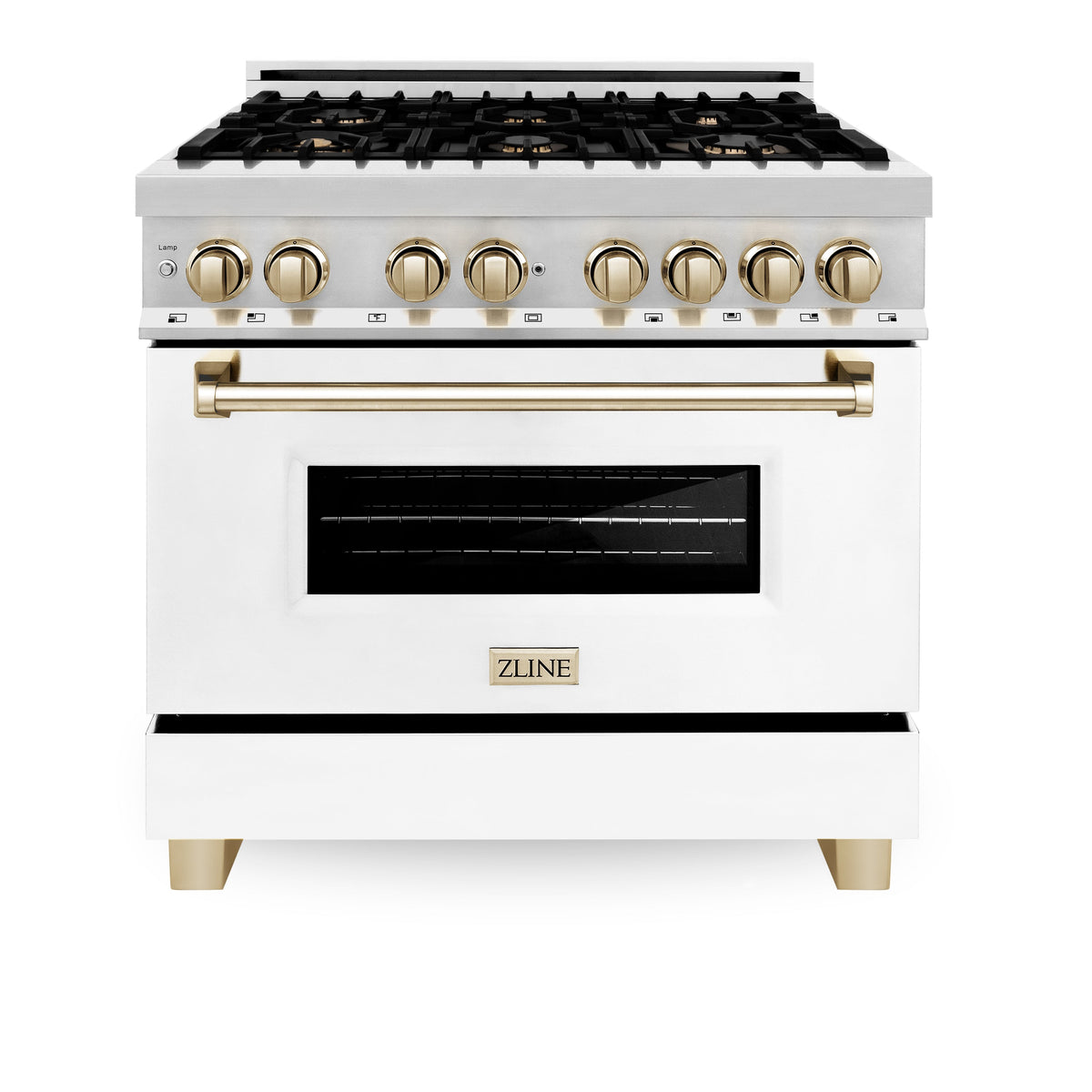 ZLINE Autograph Edition 36 in. 4.6 cu. ft. Legacy Dual Fuel Range with 6 Burner Gas Cooktop and Electric Convection Oven in Stainless Steel with White Matte Door and Polished Gold Accents (RAZ-WM-36-G)