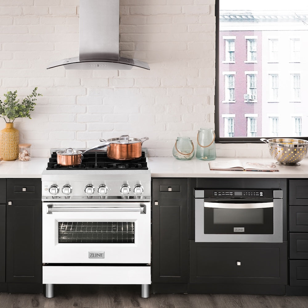 ZLINE 30 in. 4.0 cu. ft. Legacy Dual Fuel Range with 4 Burner Gas Cooktop and Electric Convection Oven in Stainless Steel and White Matte Door (RA-WM-30)