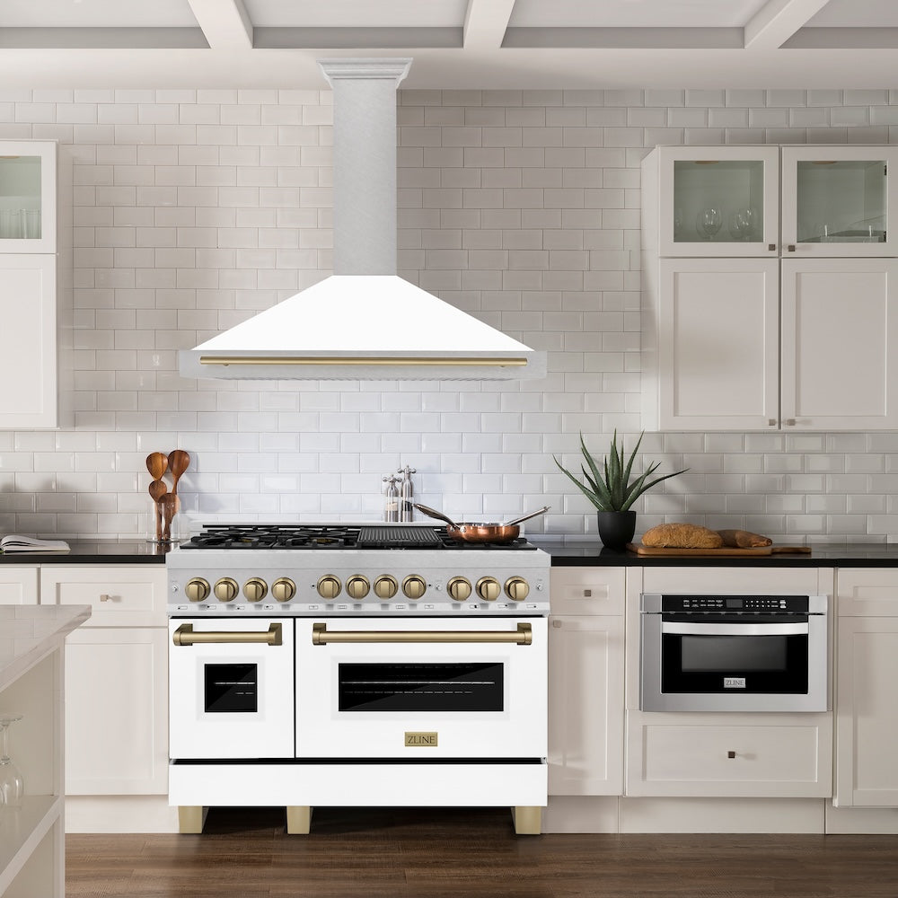 ZLINE 48 in. Autograph Edition Convertible Fingerprint Resistant DuraSnow® Stainless Steel Range Hood with White Matte Shell and Champagne Bronze Handle (KB4SNZ-WM48-CB)