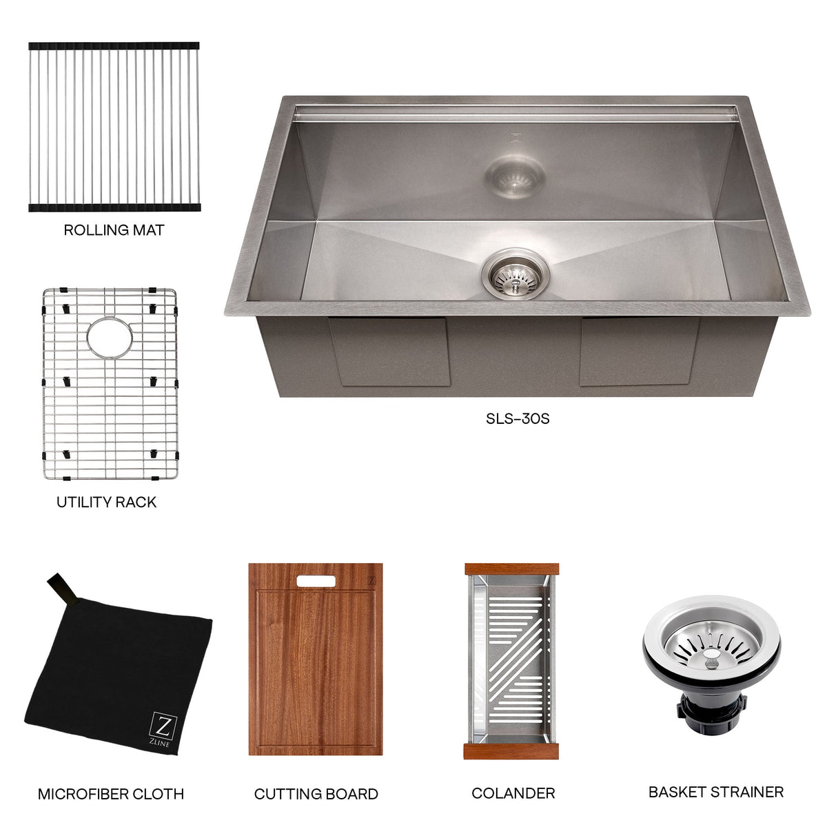 ZLINE 33 in. Garmisch Undermount Single Bowl Satin Stainless Steel Kitchen Sink with Bottom Grid and Accessories (SLS-33S)