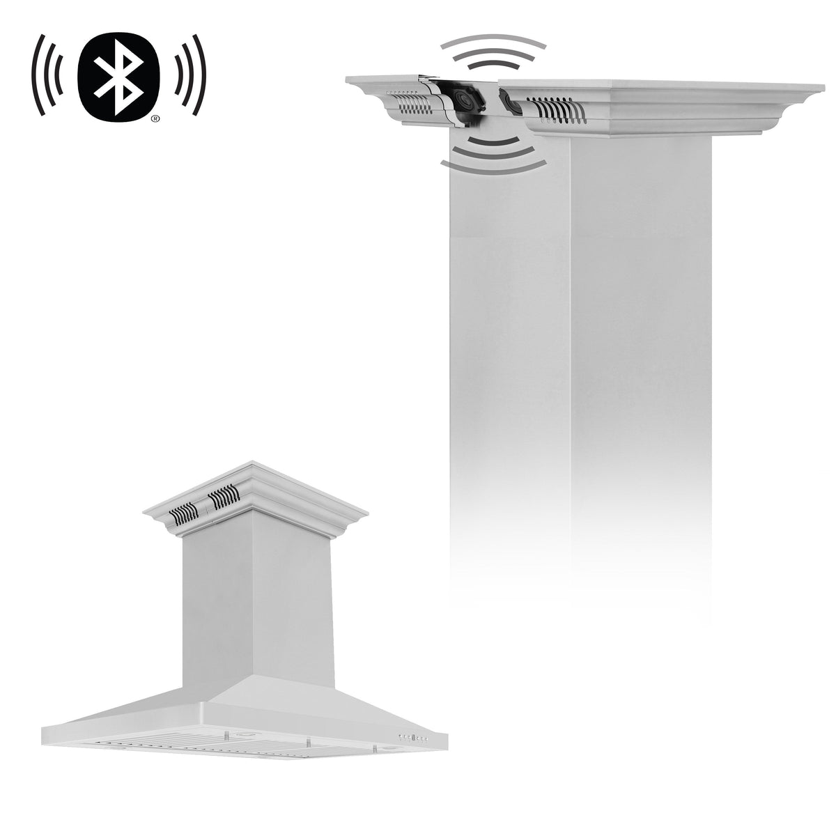 30" ZLINE 30" ZLINE CrownSound™Ducted Vent Island Mount Range Hood in Stainless Steel with Built-in Bluetooth Speakers (GL2iCRN-BT-30)ąDucted Vent Island Mount Range Hood in Stainless Steel with Built-in Bluetooth Speakers (GL2iCRN-BT-30)