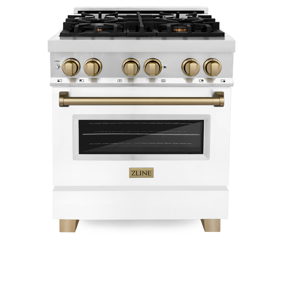 ZLINE Autograph Edition 30 in. 4.0 cu. ft. Legacy Dual Fuel Range with 4 Burner Gas Cooktop and Electric Convection Oven in Stainless Steel with White Matte Door and Champagne Bronze Accents (RAZ-WM-30-CB)