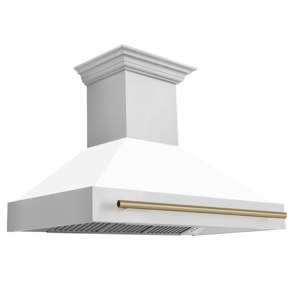 ZLINE Autograph Edition 48" Stainless Steel Range Hood with White Matte Shell and Champagne Bronze Handle (8654STZ-WM48-CB)