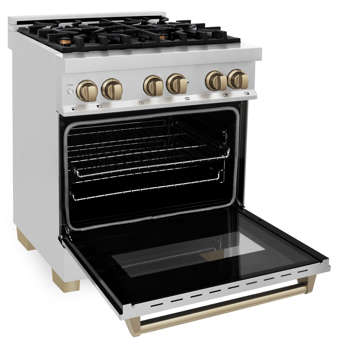 ZLINE Autograph Edition 30 in. 4.0 cu. ft. Legacy Dual Fuel Range with 4 Burner Gas Cooktop and Electric Convection Oven in Stainless Steel and Champagne Bronze Accents (RAZ-30-CB)