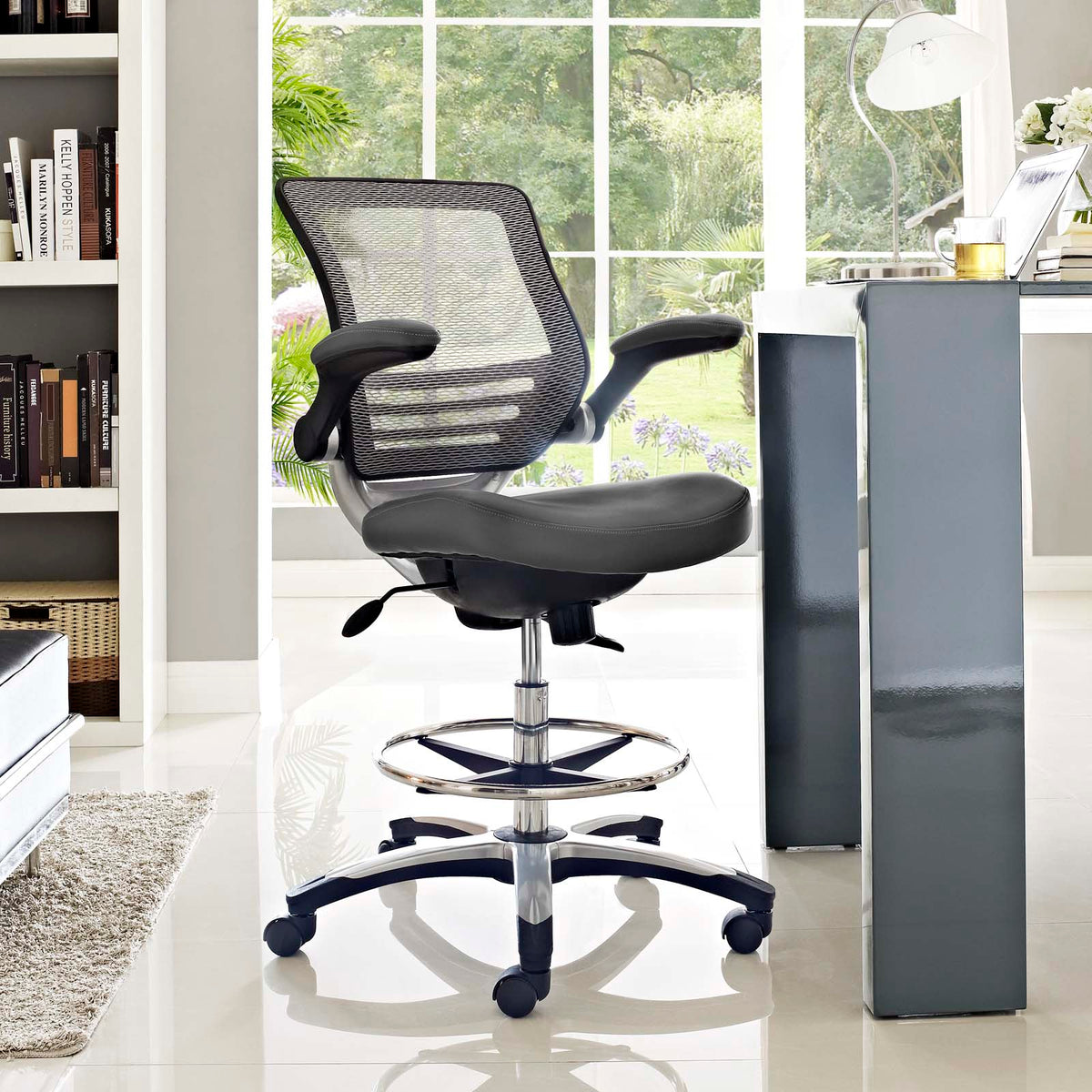 Reception Ergonomic edge Vinyl Drafting Chair With Leg Support - Drafting Stool Office Chair With excellent Back Support - BUILDMYPLACE