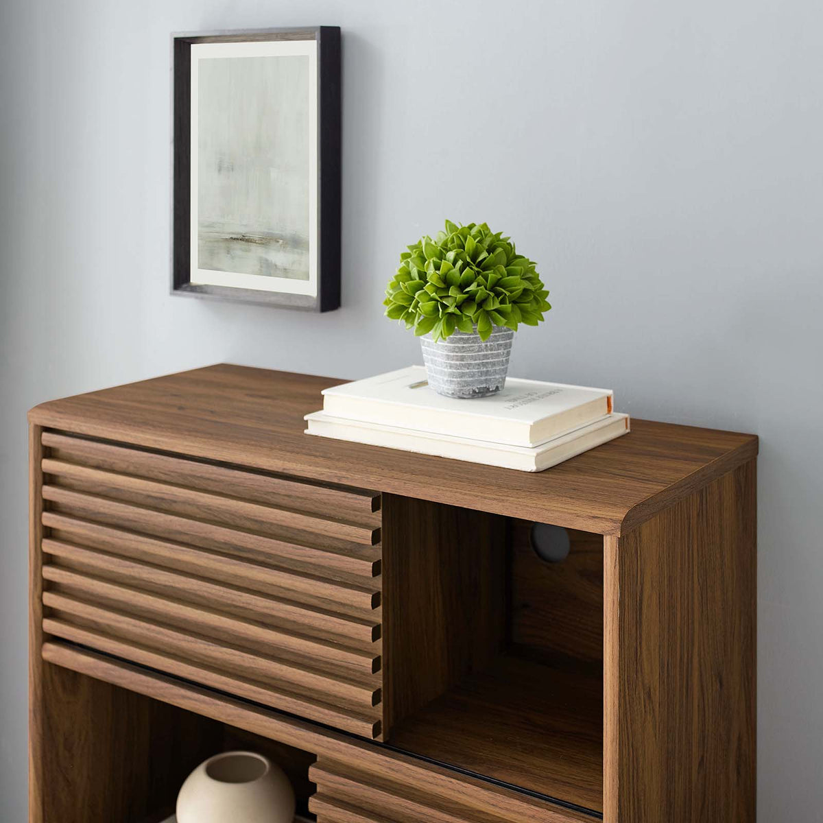 Modern Render Three Tier Display Floor Stand Cabinet - Book Matched Open Shelf Cabinet - BUILDMYPLACE