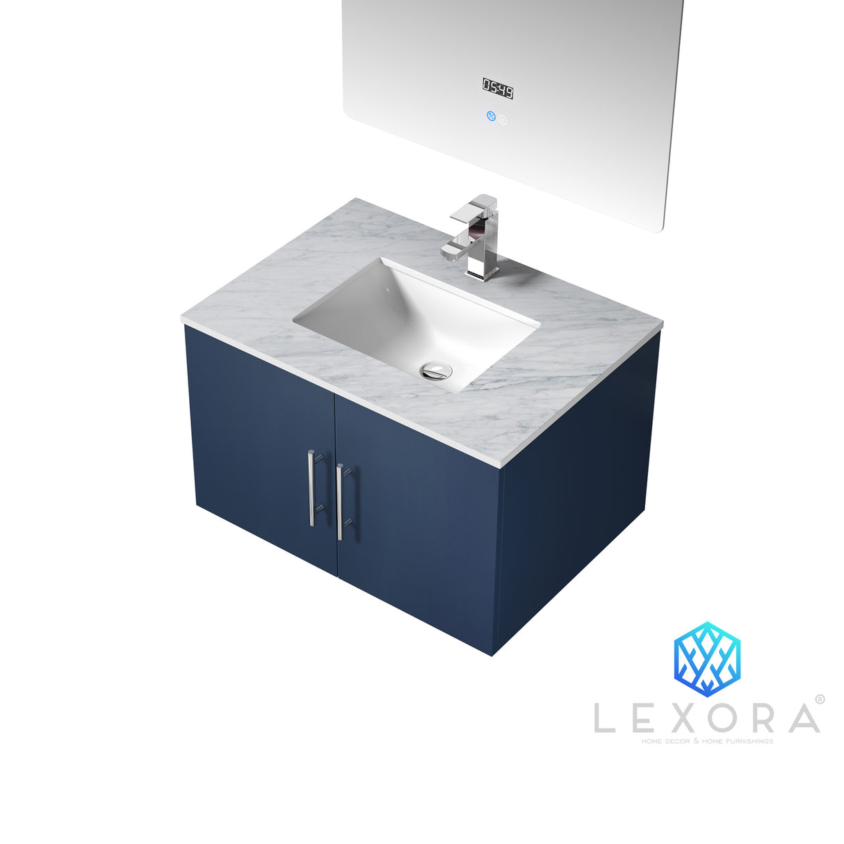 Geneva 30" Navy Blue Single Vanity, White Carrara Marble Top, White Square Sink and 30" LED Mirror w/ Faucet