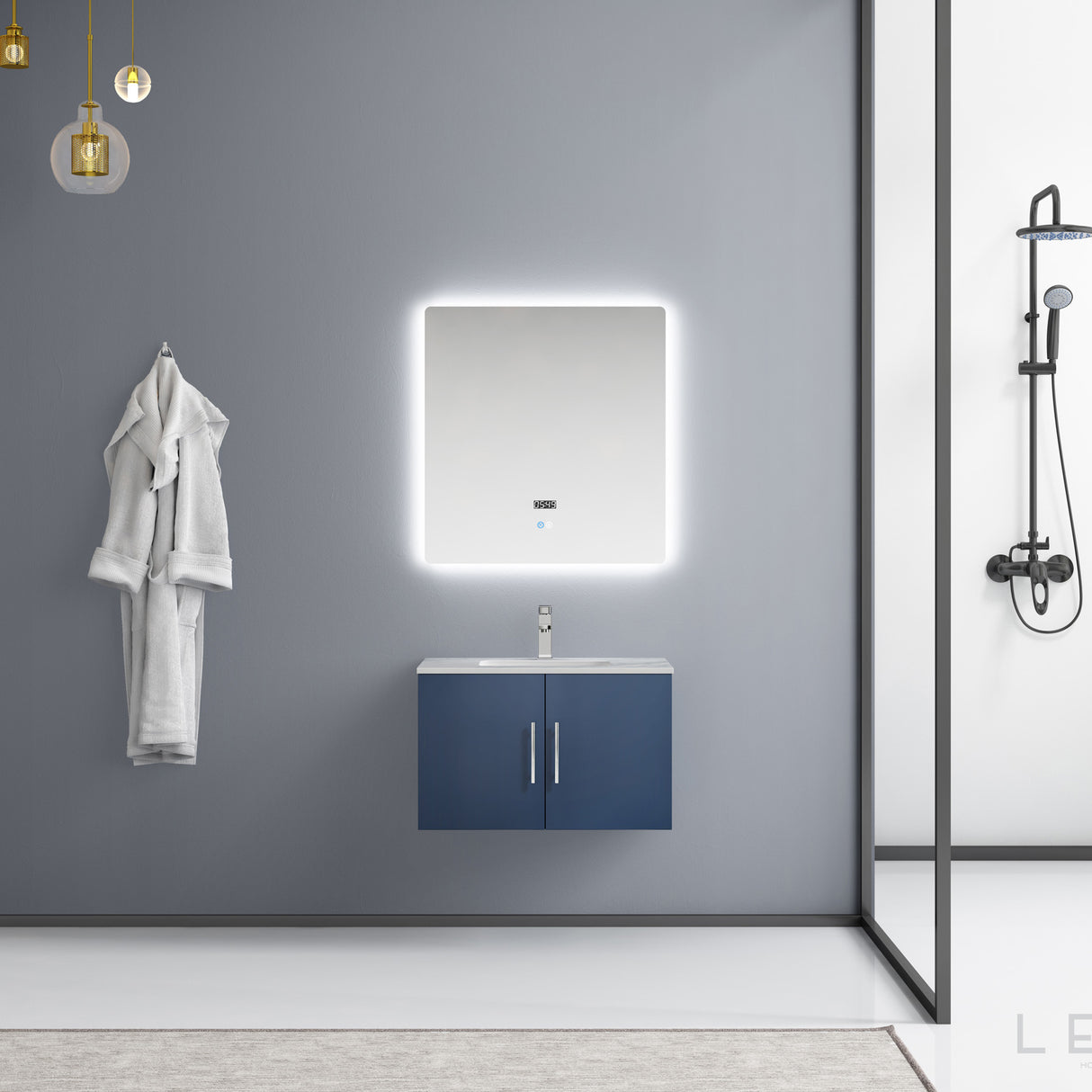 Geneva 30" Navy Blue Single Vanity, White Carrara Marble Top, White Square Sink and 30" LED Mirror w/ Faucet