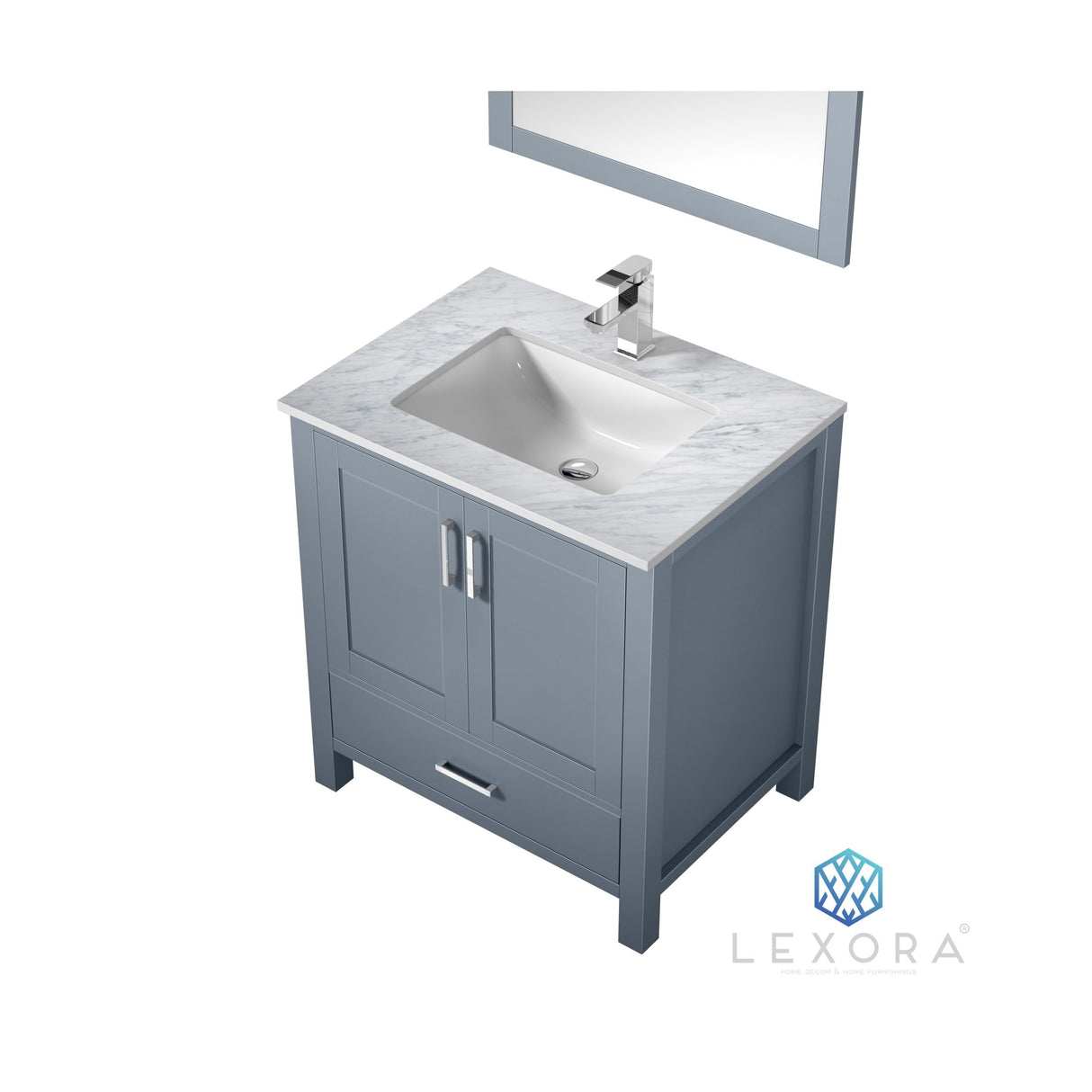 Jacques 30" Dark Grey Single Vanity, White Carrara Marble Top, White Square Sink and 28" Mirror w/ Faucet