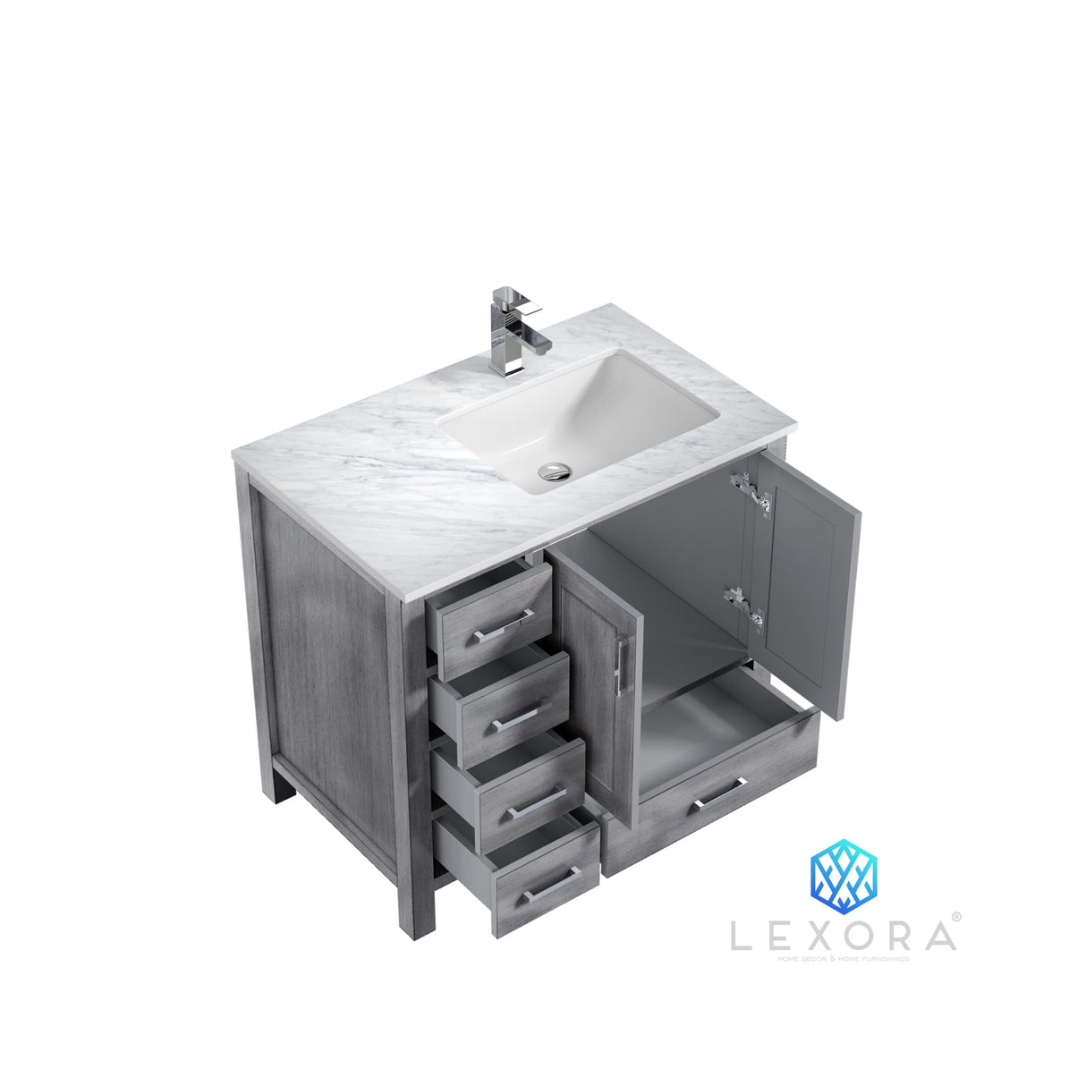 Jacques 36" Distressed Grey Single Vanity, White Carrara Marble Top, White Square Sink and 34" Mirror w/ Faucet - Right Version