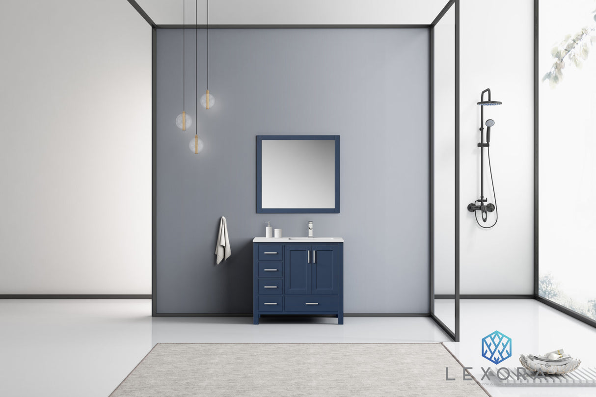Jacques 36" Navy Blue Single Vanity, White Carrara Marble Top, White Square Sink and 34" Mirror w/ Faucet - Right Version