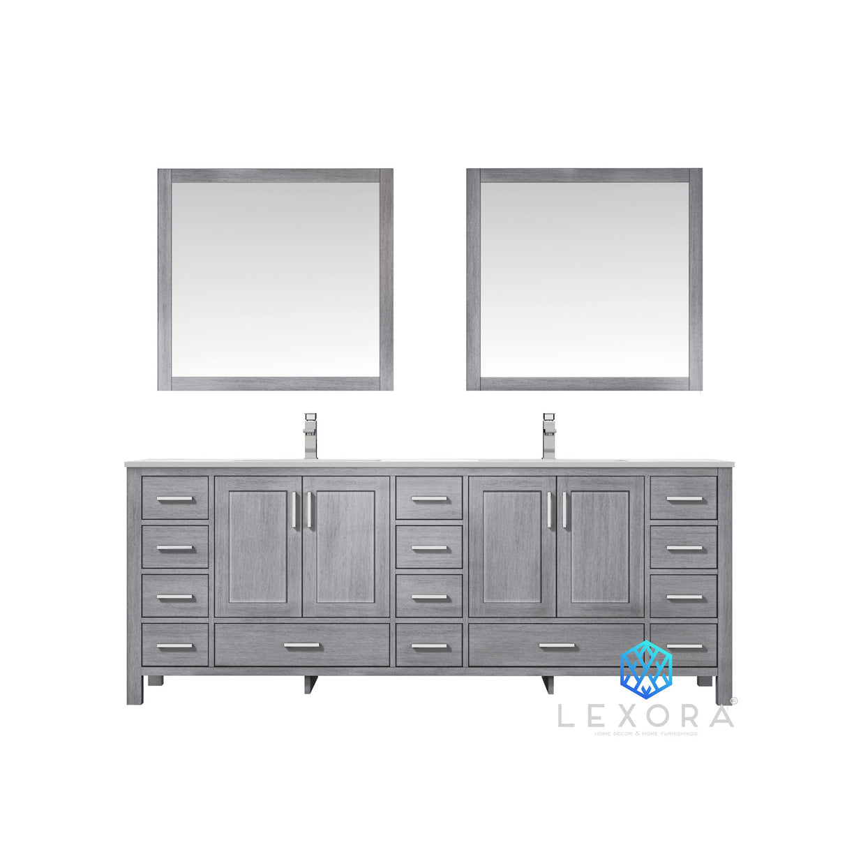Jacques 84" Distressed Grey Double Vanity, White Carrara Marble Top, White Square Sinks and 34" Mirrors