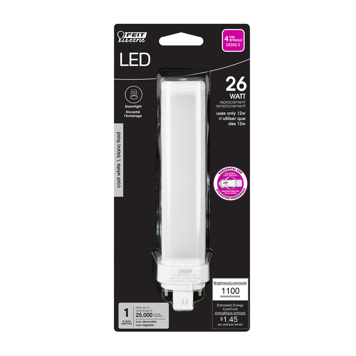 LED PL Lamps, 26W, Horizontal Recessed, GX24Q-3 Base 4-Pin, 4100K
