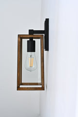 Wall Lights, Exterior Light Fixture, Clear Glass Garage Light, Modern Outdoor Lights Sconce with Waterproof, for Patio, E26 Socket Black+Wood Finish