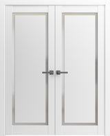 Solid French Double Doors | Planum 0888 Painted White with Frosted Glass | Wood Solid Panel Frame Trims | Closet Bedroom Sturdy Doors