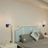 1 - Light LED Wall Sconce With 1 USB, 2 Switch, 1 Outlet - Black Metal Finish W/ White Fabric Shade - BUILDMYPLACE