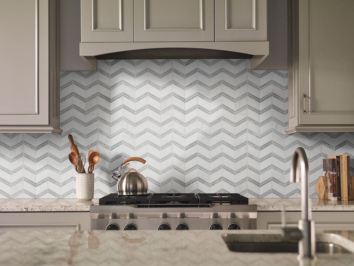 12" X 12" Bianco Dolomite Chevron Polished Chevron Mosaic Sheet (10SQ FT/CTN) - BUILDMYPLACE