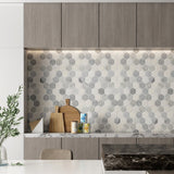 12 X 12 in. Eastern Gray and White 2 in. Hexagon Polished Marble Mosaic Tile - BUILDMYPLACE