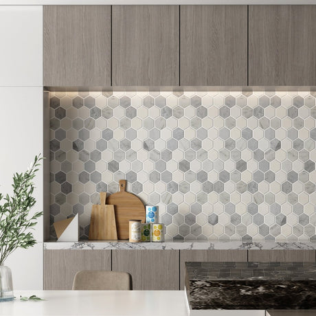 12 X 12 in. Eastern Gray and White 2 in. Hexagon Polished Marble Mosaic Tile - BUILDMYPLACE