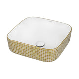 15 x 15 inch Bathroom Vessel Sink Gold Decorative Pattern Above Vanity Counter White Porcelain Ceramic - BUILDMYPLACE