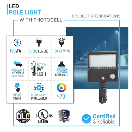 150 Watts LED Pole Light - Bronze - 5700K - Universal Mount - AC 100 - 277V - DLC Listed - Shoebox Area Light W/ Photocell & Motion Sensor - BUILDMYPLACE
