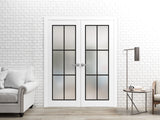 Solid French Double Doors | Planum 2122 White Silk Frosted Glass | Wood Solid Panel Frame Trims | Closet Bedroom Sturdy Doors
