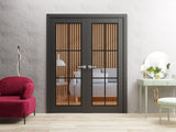 Solid French Double Doors | Lucia 2366 Matte Black Clear Glass | Wood Solid Panel Frame Trims | Closet Bedroom Sturdy Doors
