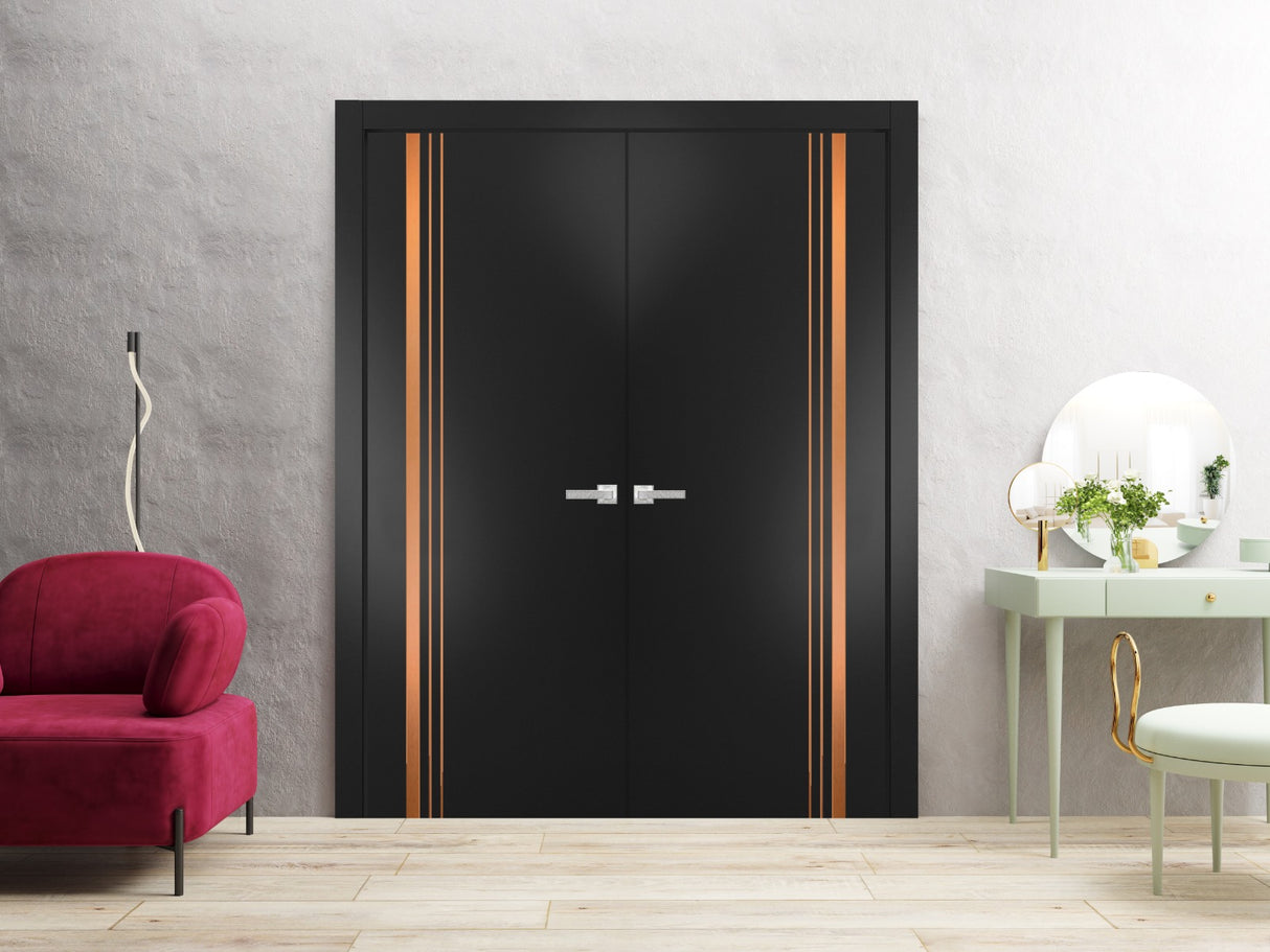 Solid French Double Doors | Planum 1010 Matte Black | Wood Solid Panel Frame Trims | Closet Bedroom