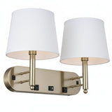 24"W x 16"H Double Wall Lamp with White Linen Shades – Plated Brushed Nickel Finish - 2 Pack - LEDMyPlace