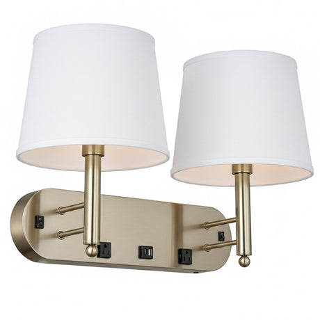 24"W x 16"H Double Wall Lamp with White Linen Shades – Plated Brushed Nickel Finish - 2 Pack - LEDMyPlace