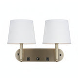 24"W x 16"H Double Wall Lamp with White Linen Shades – Plated Brushed Nickel Finish - 2 Pack - LEDMyPlace