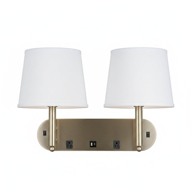 24"W x 16"H Double Wall Lamp with White Linen Shades – Plated Brushed Nickel Finish - 2 Pack - LEDMyPlace