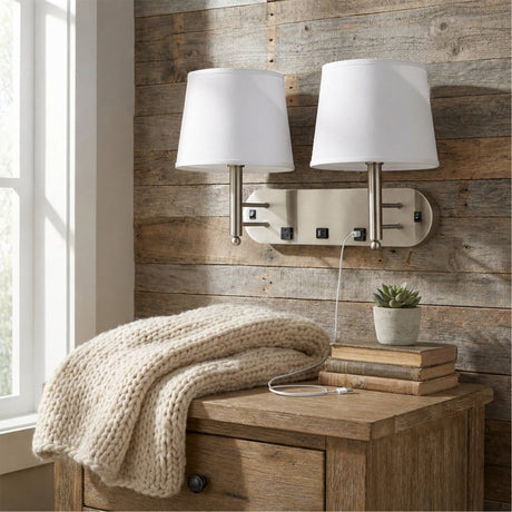 24"W x 16"H Double Wall Lamp with White Linen Shades – Plated Brushed Nickel Finish - 2 Pack - LEDMyPlace