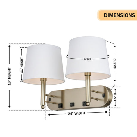 24"W x 16"H Double Wall Lamp with White Linen Shades – Plated Brushed Nickel Finish - 2 Pack - LEDMyPlace