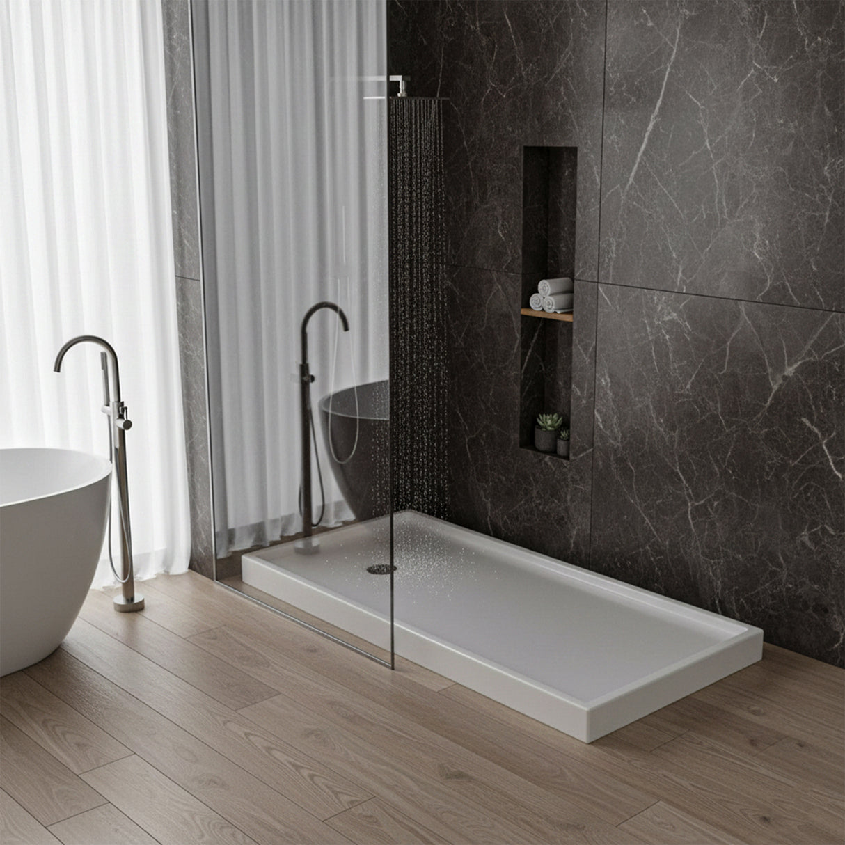 Shower Tray - Right Drain Single Threshold - Acrylic and Fiberglass -  60 X 32 X 5.5