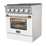 KUCHT Professional 30 in. 4.2 cu. ft. Dual Fuel Range for Propane Gas with Sealed Burners and Convection Oven in Stainless Steel with White Oven Door White Knobs and Gold Knob Rings