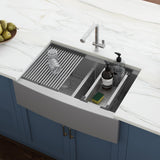 33" Apron - front Workstation Low - Divide Double Bowl 60/40 Farmhouse Kitchen Sink 16 Gauge - BUILDMYPLACE