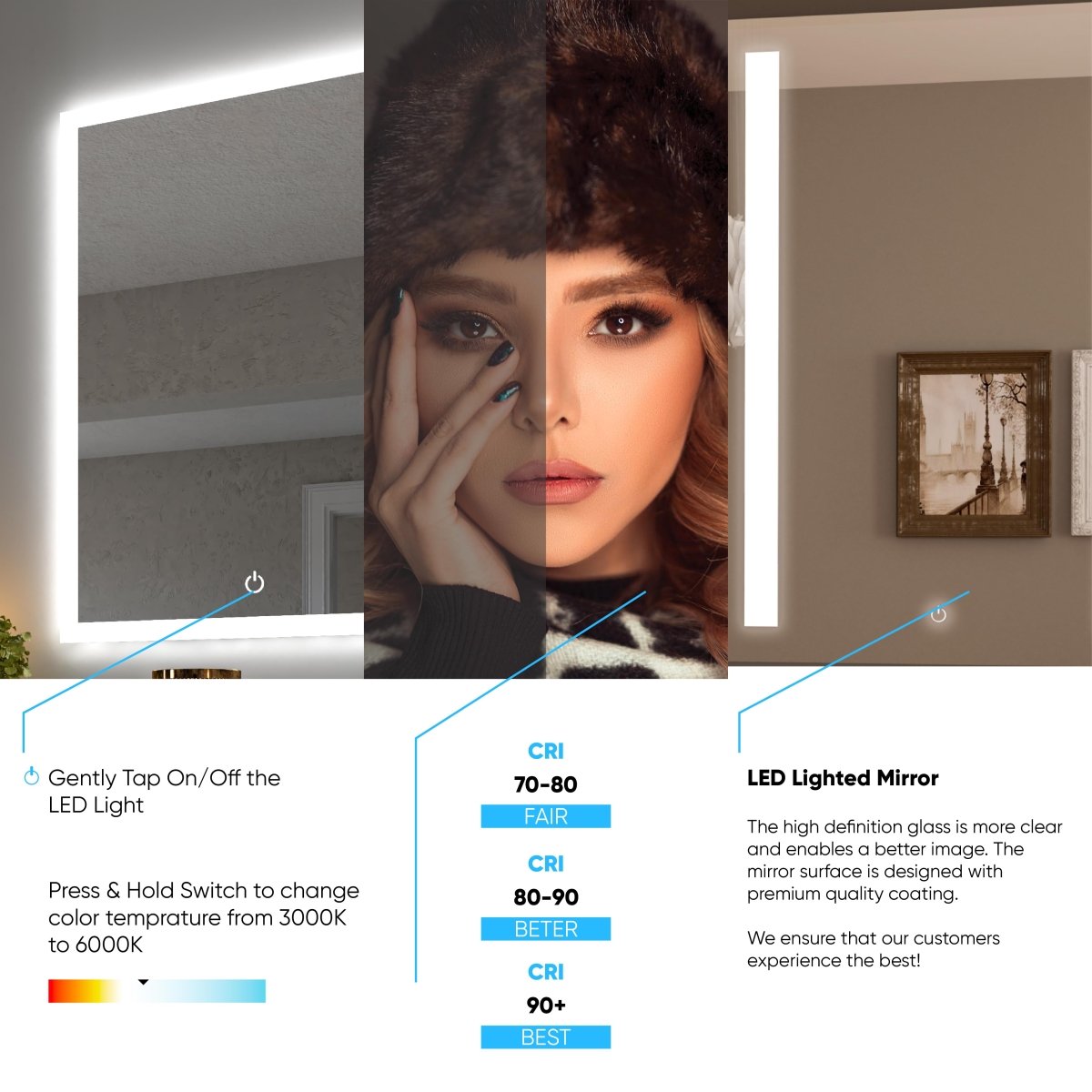36 in. x 48 in. LED Lighted Bathroom Vanity Mirror, Anti - Fog, CRI 90+, Adjustable Color Temperature & Remembrance, Lighted Makeup Mirrors, Neu - U Style - BUILDMYPLACE