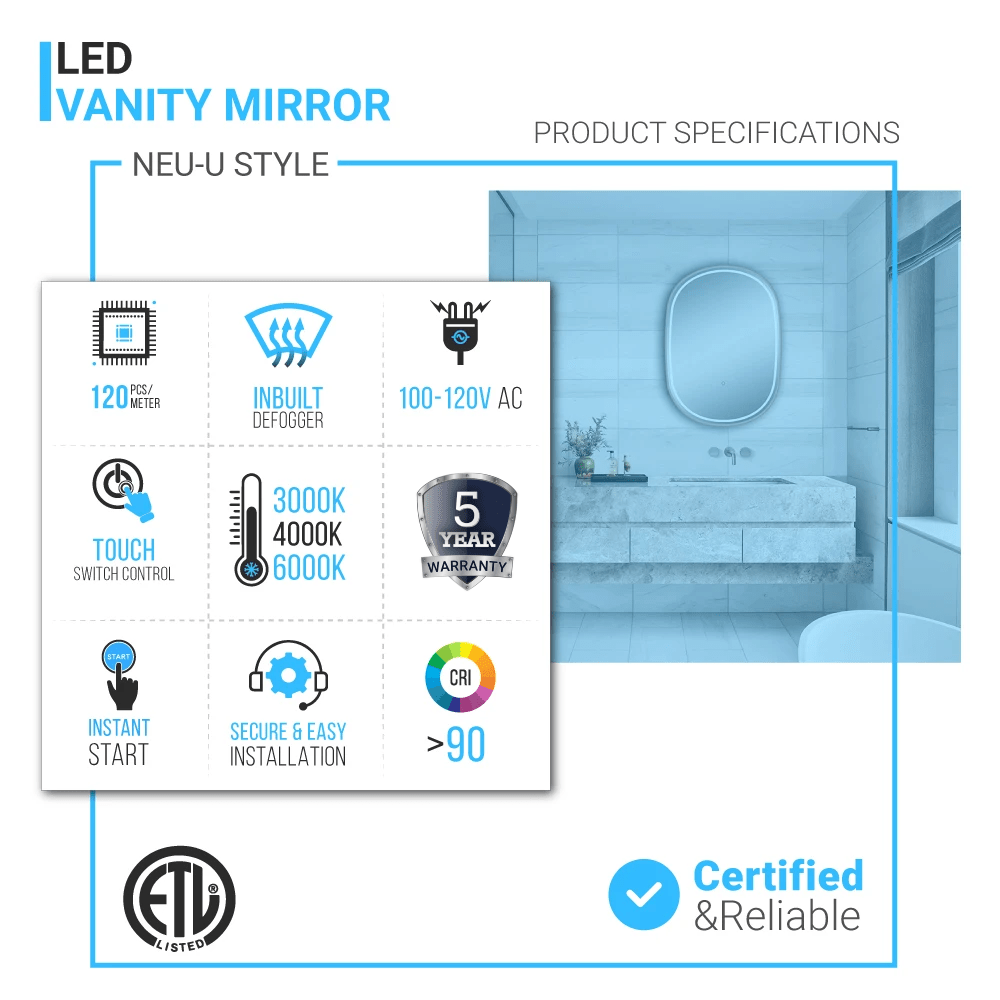36 in. x 48 in. LED Lighted Bathroom Vanity Mirror, Anti - Fog, CRI 90+, Adjustable Color Temperature & Remembrance, Lighted Makeup Mirrors, Neu - U Style - BUILDMYPLACE