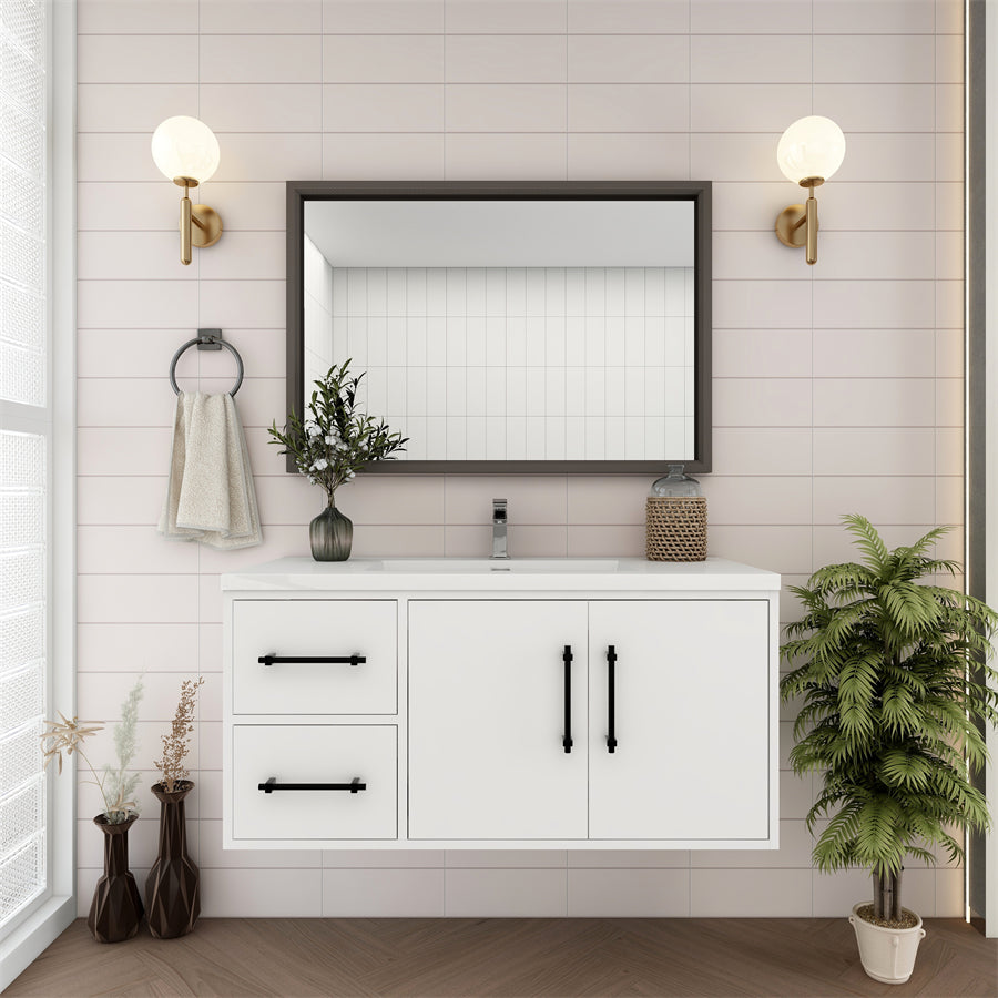 Victoria 42 In. Floating Single Sink Bathroom Vanity with Acrylic Sink Top & Left Side Drawers & Doors