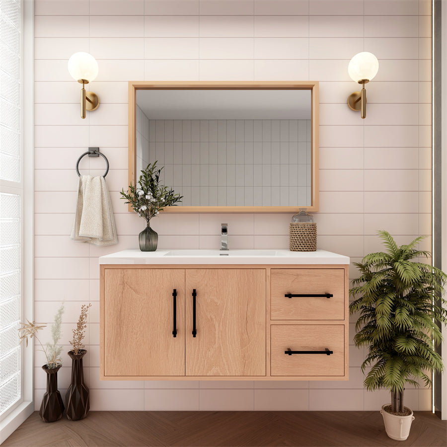 Victoria 42 In. Floating Single Sink Bathroom Vanity with Acrylic Sink Top & Right Side Drawers & Doors