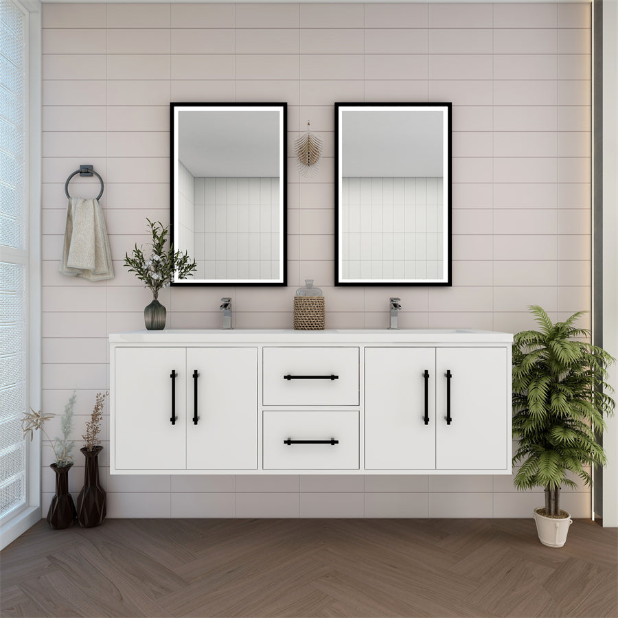 Victoria 60 In. Floating Double Sink Bathroom Vanity with Acrylic Sink Top & Soft Closing Doors & Drawers