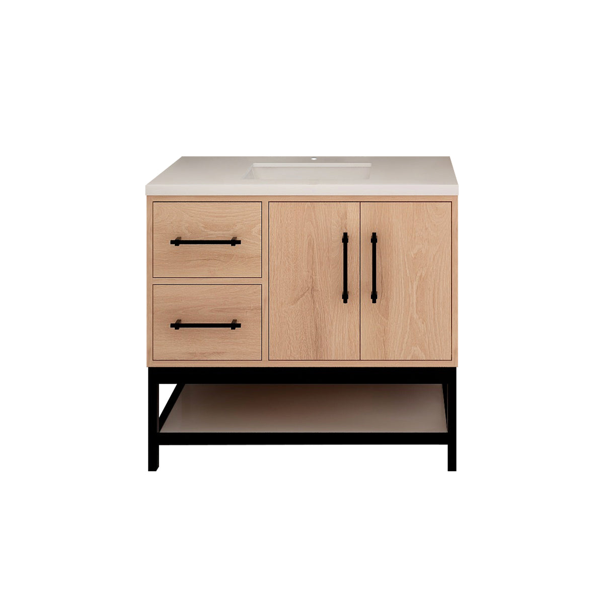 Victoria 36 In. Freestanding Single Sink Bathroom Vanity with Acrylic Sink Top, Open Shelf Storage, Left Side Drawers & Doors