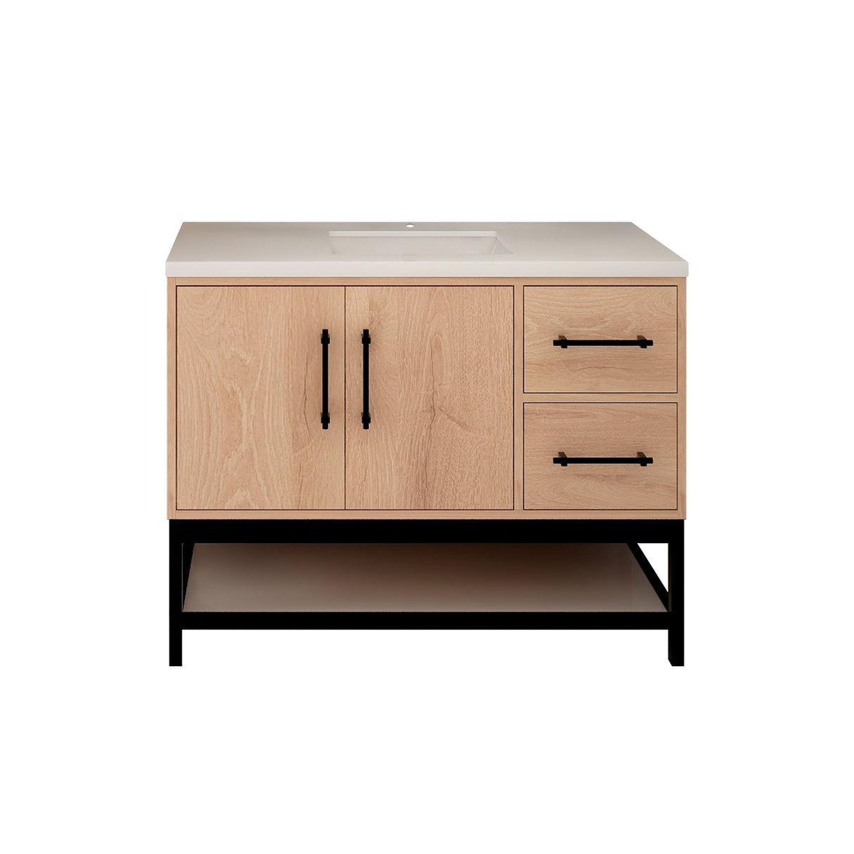 Victoria 42 In. Freestanding Single Sink Bathroom Vanity with Acrylic Sink Top, Open Shelf Storage & Right Side Drawers & Doors
