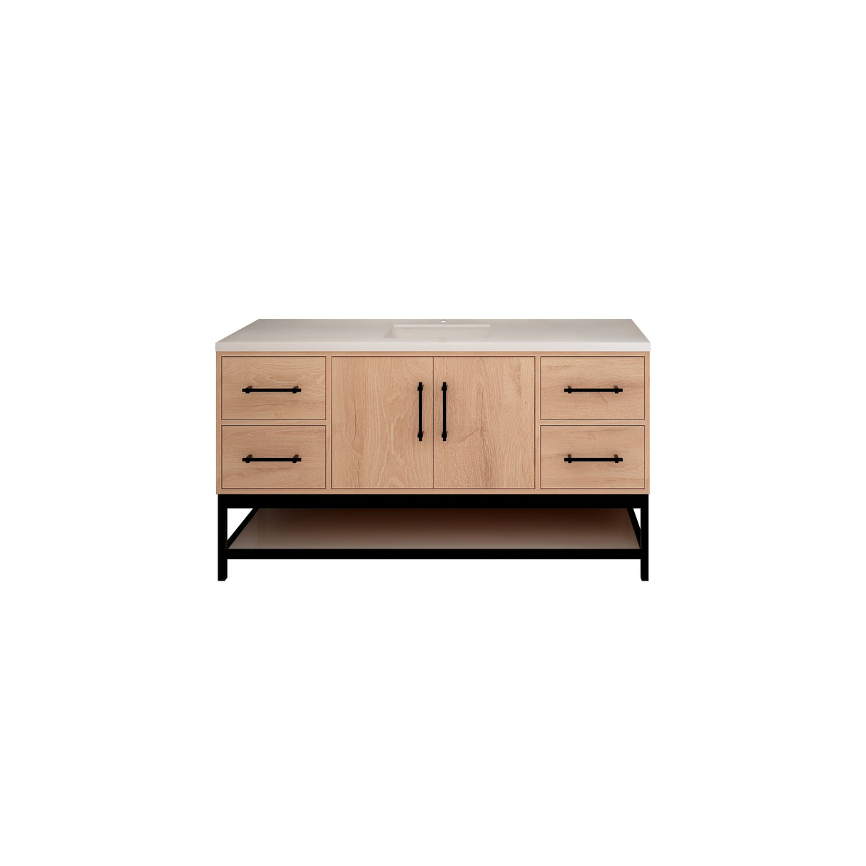 Victoria 60 In. Freestanding Single Sink Bathroom Vanity with Acrylic Sink Top, Open Shelf Storage & Soft Closing Doors & Drawers