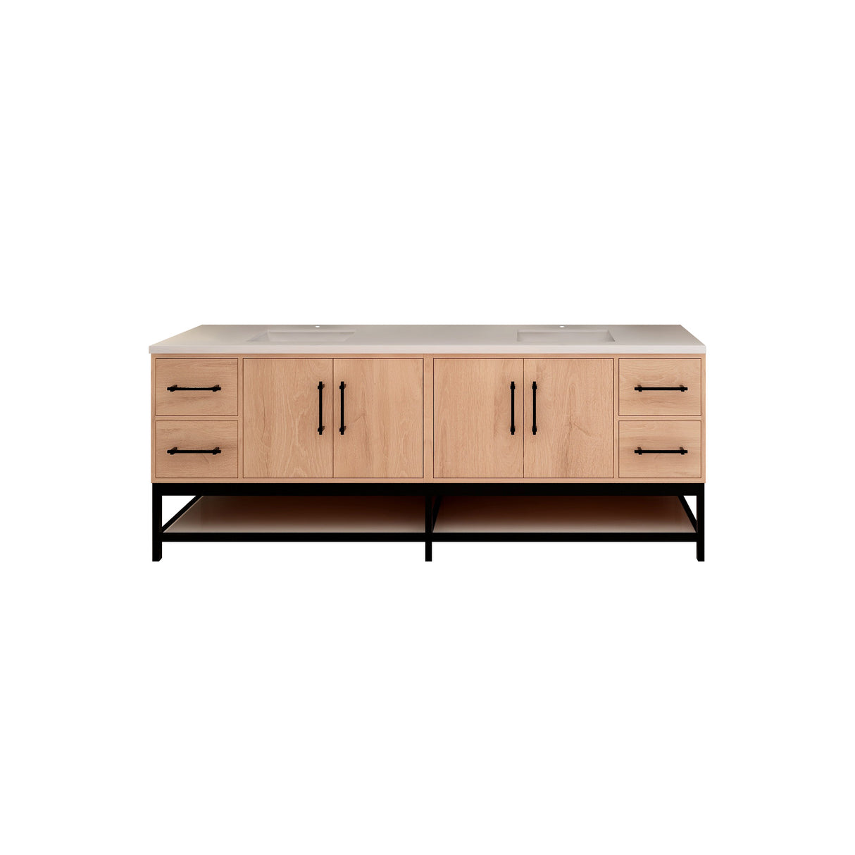 Victoria 84 In. Freestanding Double Sink Bathroom Vanity with Acrylic Sink Top, Open Shelf Storage & Soft Closing Doors & Drawers