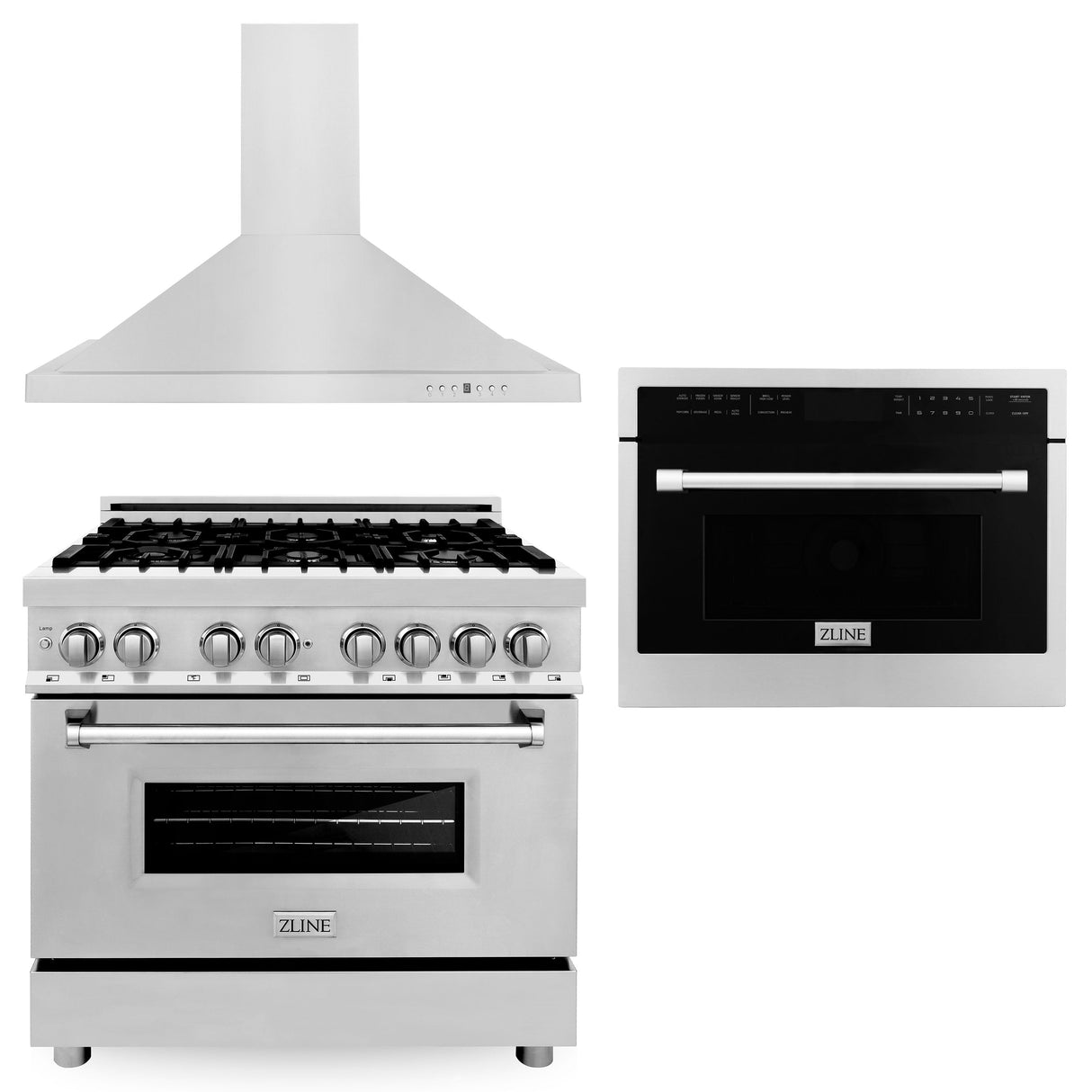 ZLINE 36" Kitchen Package with Stainless Steel Dual Fuel Range, Convertible Vent Range Hood and 24" Microwave Oven (3KP-RARHMWO-36)